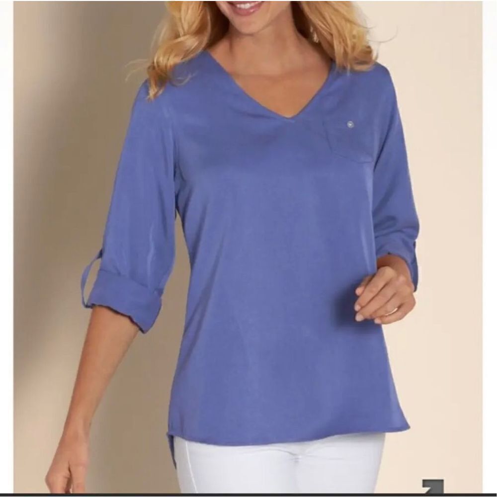 SOFT SURROUNDINGS Periwinkle V Neck Roll Tab Sleeve Top Size S oversized